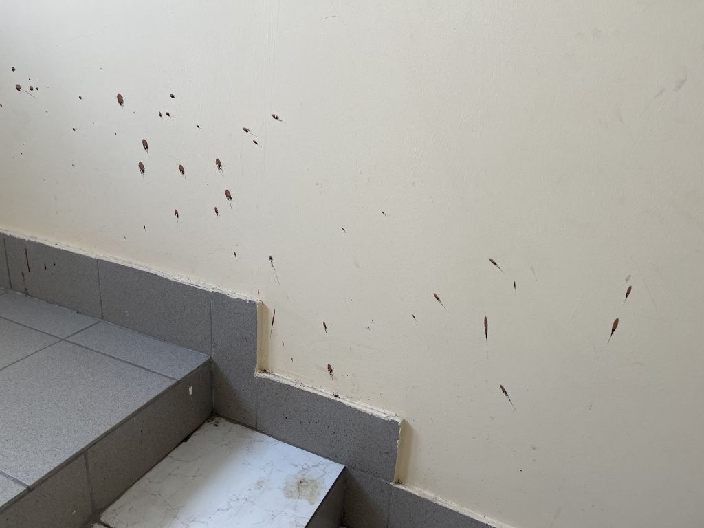 На стенах в районе пятого этажа бурые пятна. Очень похожи на засохшую кровь. Фото: Анна Куприянова, "Глобус" На стенах в районе пятого этажа бурые пятна. Очень похожи на засохшую кровь. Фото: Анна Куприянова, "Глобус"